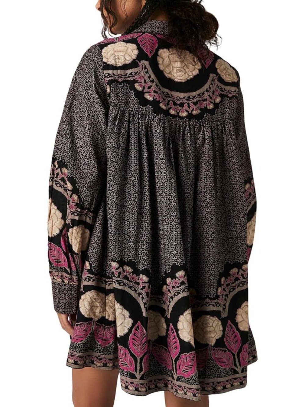 Free People XS Black Floral Embroidered Boho Tunic Dress Long Sleeve (K554) - Picture 3 of 10